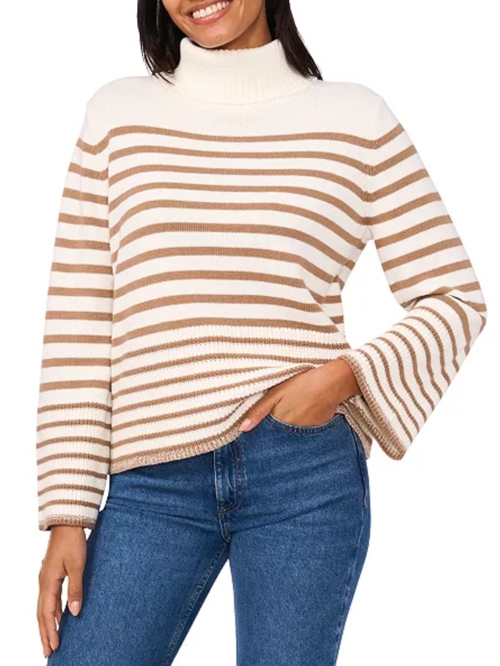 CeCe Striped Turtleneck Sweater Cream Taupe Cotton Blend Size L